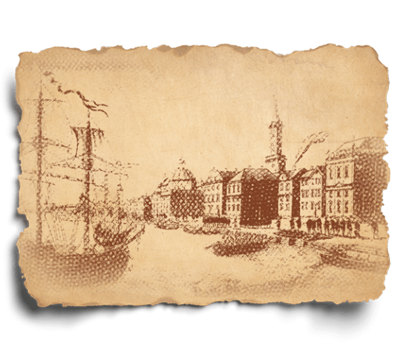 Paper with torn edges and a digital rendering of an 18th century town on a river