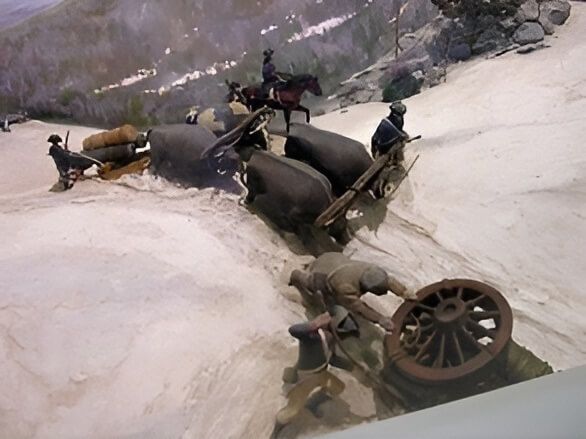 historic art of Knox train of Artillery moving through snow of wilderness winter 1775-76