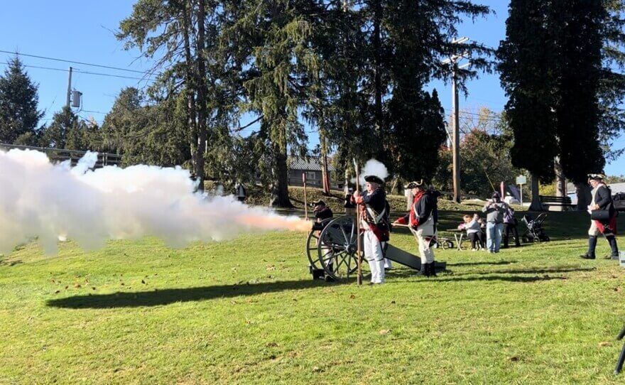 Local residents and students gathered in Fort Hardy Park October 17th for a Surrender Day celebration. Aaron Shellow-Lavine / WAMC
