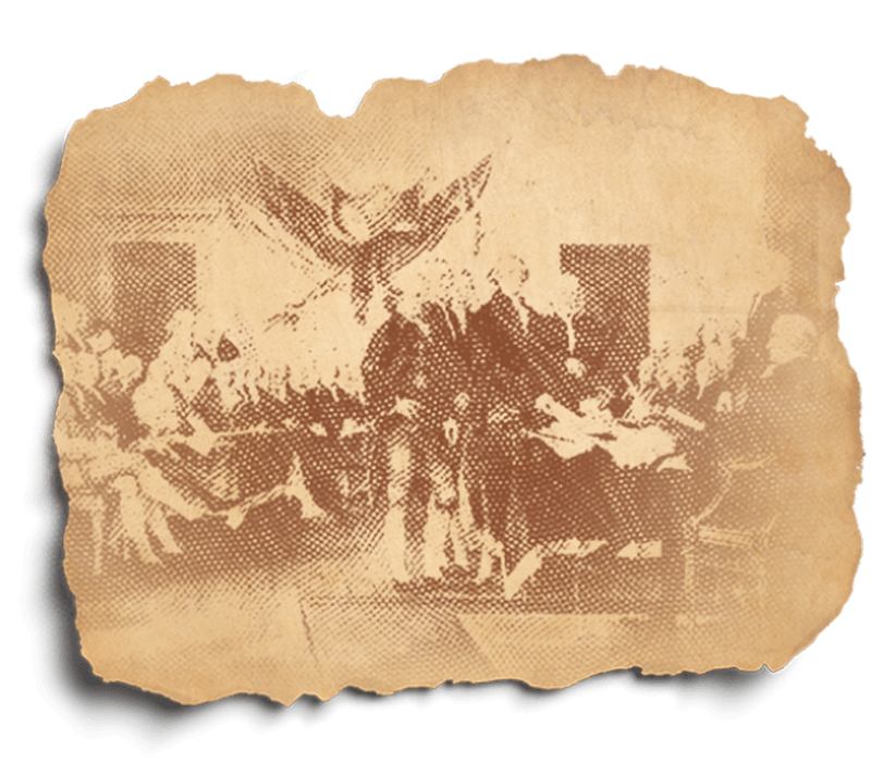 Paper with torn edges and a digital rendering of the signing of the Declaration of Independence