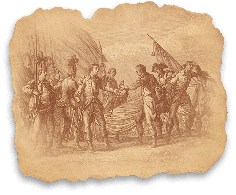 Paper with torn edges and a digital rendering of Burgoyne's Surrender