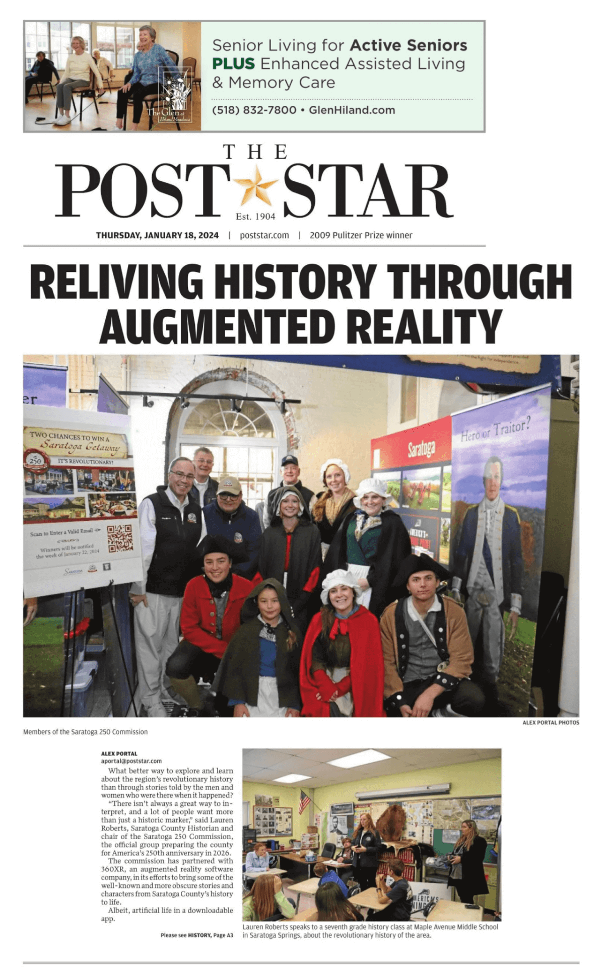 Woman speaking at a podium during a press conference with Revolutionary War reenactors in the background