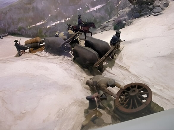 historic art of Knox train of Artillery moving through snow of wilderness winter 1775-76